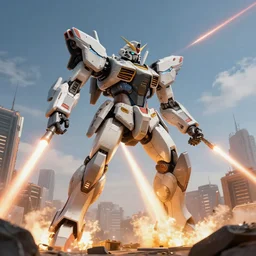 A highly detailed photo of a giant futuristic mech launching missiles and firing lasers in a city