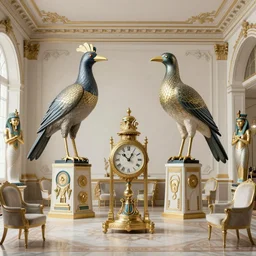 Giant Birds and Antique Clocks and Statues of Egyptian Gods in a Baroque Salon, by Santiago Caruso and Ihor Podolchak