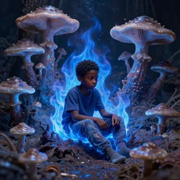 a realistic photograph of a black boy left all alone in blue demon flames, sitting in the middle of iridescent fungal, extremely detailed, 8 k