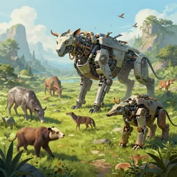 Highly Detailed digital illustration about the beauty of nature in a biopunk world where all animals have been replaced by mechanical beasts. Trending on Artstation