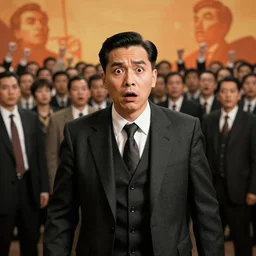 photo of a panicking banker in a three - piece suit looking into the camera with a huge crowd behind him, black and orange colour palette, depth of field, communist propaganda poster style