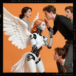A beautiful robotic angel terrified by an unseen assailant by Dan Mumford and Alberto Vargas and Josan Gonzalez and Gil Elvgren:1, black border: 0.9, vibrant: 0.75, white: 0.5, orange: 0.5