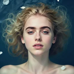 portrait of a beautiful blonde girl lily collins, floating under the deep dream water, beautiful smooth soft light + white petal, by personal photography, art by brookskim, closeup, 4 k, highly detailed, instagram,