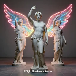 harmony of greek statues, mute, neon lights, neon wings, floor tiles, absinthe ( bts jimin blood sweat & tears ) by wlop, james jean, victo ngai, beautifully lit, muted colors, highly detailed, fantasy art by craig mullins, thomas kinkade