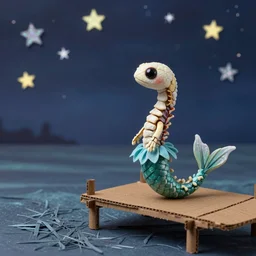 stop motion bipedal halloween eel snake skeleton fantasy mermaid with a fish bone body, wearing a frilly mermaid skirt, on a handcrafted cardboard dock to look at the hand painted night sky full of glittery star stickers and glow in the dark star stickers over a shredded paper sea, adorable, side profile, macro camera lens