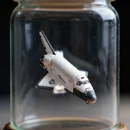 a tiny realistic space shuttle drifting in space, inside a glass jar. sharp focus, photography, unreal engine, trending on artstation, photorealistic, octane, trending on deviantart, unreal engine