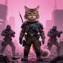 a full body portrait of a futuristic cyberpunk british longhair cat soldier in war scene, epic lighting, pink vibe, ultra detail, hd, by greg rutkowski