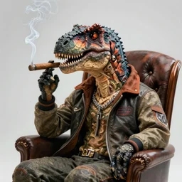 dinosaur smoking a cigar sitting in a chair wearing a smoking jacket realistic hdr