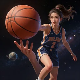 a basketball player goddess rolling a planet on finger like basketball in space, highly detailed, digital painting, artstation, octane render, concept art, matte, sharp focus, illustration