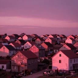 village, houses with faces, sunset atmosphere, pink, low contrast, light, naive, detailed, cinematic