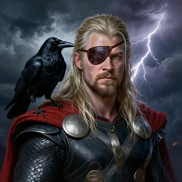 hugh laurie as odin, a leather eyepatch covering his left eye, a raven on his shoulder, dark dramatic background, stormy clouds, lightning, very detailed painting by Glenn Fabry