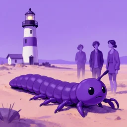 artgerm, norman rockwell, joshua middleton, abigail larson, purple color pallete, lighthouse in the desert, giant centipede, cartoon shades of purple