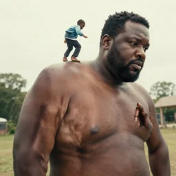 a little black person rides on the shoulder's of a huge 7 ft tall 5 0 0 pound black man. hyperreal - h 6 4 0