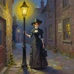oil painting steampunk alley thin Victorian lady under a street lamp by James Gurney, Thomas Kinkade, Ralph Horsley vivid color