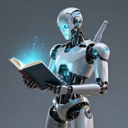 unchained robotic humanoid holding a glowing book