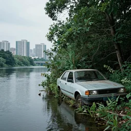 abandoned car on the right side of the image, overgrown in a thick forrest, a modern city in the background, water on the left