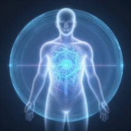 realistic scientific documentary photo of a human aura fields glowing, volumetric particles, front view 1 9 9 0, life magazine reportage photo, metropolitan museum photo