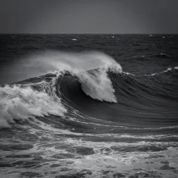 dark ocean, towering waves, grey - scale, highly turbulent, deep focus, dark sky, high point of view