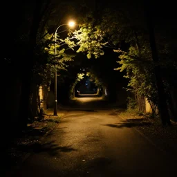 a dark alley illuminated by a lamp post above the trees, leaves shadows on the ground, atmospheric, warm summer nights
