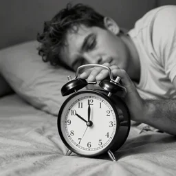 a man in bed squashing his ringing old fashioned alarm clock black and white hdr 8 k cinematic 3 5 mm