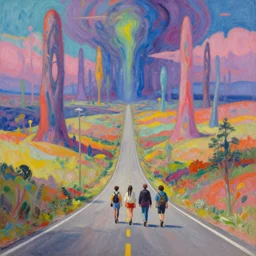 Why am I me when I could have been anyone else? Introspective meandering, a vibrant gouache fantasy painting, walking along the endless road through an unusual biome. Natural palette, Unearthly landscape. Realistic photography. A small traveling group of friends in a dream-like world.