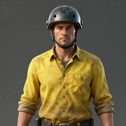 An survivor with yellow dirty shirt and a helmet, full upper body, hyperrealistic, artstation, concept art, unreal engine 8k, octane render,