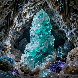 A Spectacular Underground Cavern Made of Fluorite, Aquamarine, and Tourmaline, caustics, subsurface scattering, artstation, Octane render, 8k resolution