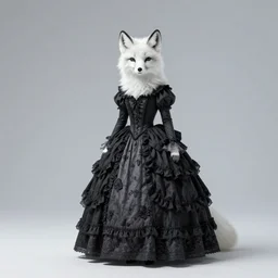full body digital painting of arctic fox wearing gothic edwardian dress, fursona, anthro, gothic, elegant, vintage, detailed white fur, long pointy ears