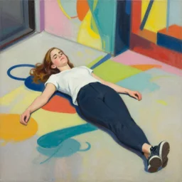 Greg Manchess portrait painting of emma watson laying down, medium shot, asymmetrical Organic Painting, sunny day, Matte Painting, bold shapes, hard edges, street art, trending on artstation, by Huang Guangjian and Gil Elvgren and Sachin Teng