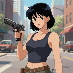 young woman in city street holding a pistol,  highly detailed Ralph Bakshi cartoon artstyle