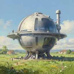 a beautiful futuristic factory with a single spherical design by boeing and starwars and military army and feadship, fat cables and tubes at the sphere base, in the french countryside, spring season, beautiful grass and flowers, highly detailed painting by studio ghibli and louis remy mignot, leyendecker, craig mullins, nice afternoon lighting, fine and smooth tiny details, soft and clear shadows, low contrast, perfect