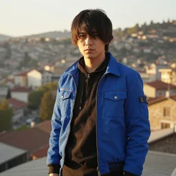 sans from undertale in sarajevo, wearing a blue jacket, high quality photography, golden hour
