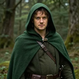 a portrait of a handsome hobbit rogue wearing a dark green hood and a cloak in the forest, wearing adventure gear, ultra realistic, detailed, masterpiece, short hair cut, clean shaven, by Greg Rutkowski, trending on ArtStation