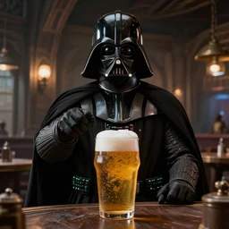 still of darth vader rising a pint beer in a tavern in the star wars movie, hyperrealistic, unreal engine, octane render, 4 k, detailed, studio lighting,