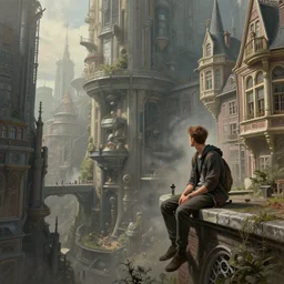 a young man sitting on the edge of a sci fi walled city inspired by amsterdam and victorian england, digital painting, concept art, trending on artstation, matte painting, highly detailed, intricate, art by greg rutkowski and artgerm and craig mullins, octane render, 8 k, unreal engine