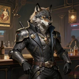 photograph of a male anthropomorphic wolf fursona wearing a cyberpunk suit in a cyberpunk bar, deep focus, intricate, elegant, highly detailed, digital painting, artstation, concept art, matte, sharp focus, illustration, d & d, fantasy, hearthstone, art by artgerm and greg rutkowski and alphonse mucha