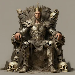 the ruined king sitting on a throne made of skulls, concept art, digital illustration, trending on artstation, deviantart, artgerm, epic composition, masterpiece, highly detailed, perfect face, realistic face, wlop, ross draws