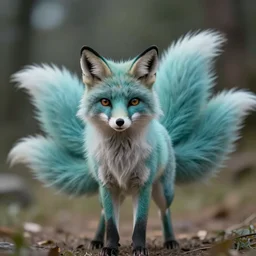 muxy logo, nine tail bluish green fox, movie still, 8 k, realistic