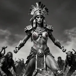 fight, aztec warrior female , Aztec jaguar armor, barbarians at bottom, vertical composition, inspired by monster hunter and dark fantasy and mad max, beautiful muscular body, clean brutal blooded  symmetrical face,  subtle make up, epic,dramatic lighting, cinematic, establishing shot, extremely high detail, photorealistic,  brutal, provocative , cinematic lighting, artstation, octane render, dark fantasy ,old photo, vintage, black and white, Boris vallejo