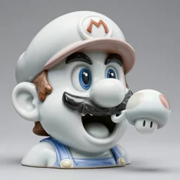 a massive porcelain sculpture in a magic realm of super mario's face spewing mushrooms from his mouth