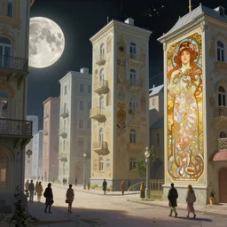 People on the streets on the Moon city Noviy Norilsk, Russian panel houses sleeping quarters, sci-fi, fantasy, intricate, very very beautiful, elegant, digital painting, trending on Behance, concept art, smooth, sharp focus, illustration, art by artgerm and greg rutkowski and Evgeny Zubkov and alphonse mucha