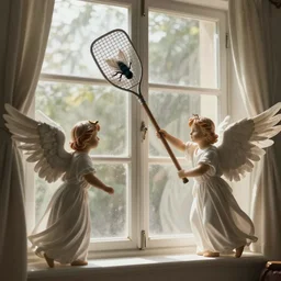 photo of angels being swatted with a giant fly - swatter against a window