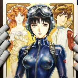 a copic maker realistic manga portrait by yoshiyuki sadamoto and lois van baarle and alphonse mucha of a japanese girl highly detailed eyes wearing a latex pilot suit by issey miyake and balenciaga 8 k