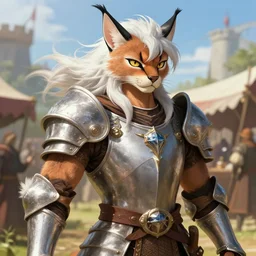 8k Yoshitaka Amano painting of upper body of a young cool looking slim caracal beast-man with white mane at a medieval market at windy day. Depth of field. He is wearing complex fantasy armors. He has huge paws. Renaissance style lighting.
