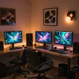 cosy relax room full of computer devices, ambient light, ultra realistic details, 8 k, trending on artstation