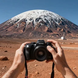 A photorealistic picture of 2 hands in Mars holding a camera, about to take a shot of Olympus Mons