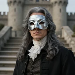 portrait painting of a man, wearing a silver melt mask, long grey hair, gentleman's dress, background is castle and steps unreal render cinematic lighting art 1 9 2 0 period drama by bussiere rutkowski andreas rocha