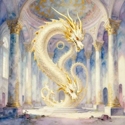 a fractal dragon of ivory and gold in an abandoned soviet temple, watercolor by ivan biblin, by hammershøi, art noveau, highly detailed, lights by edward hopper, liminal, eerie, bright pastel colors