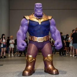 nayeon cosplaying as thanos at dragoncon, wide angle, flash photography, full resolution, 3 5 mm, f / 2. 8