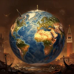 venice in a post apocalyptic earth as seen by greg rutkowski, dark theme, enchanted, warm colors, high quality, waw, trending on artstation